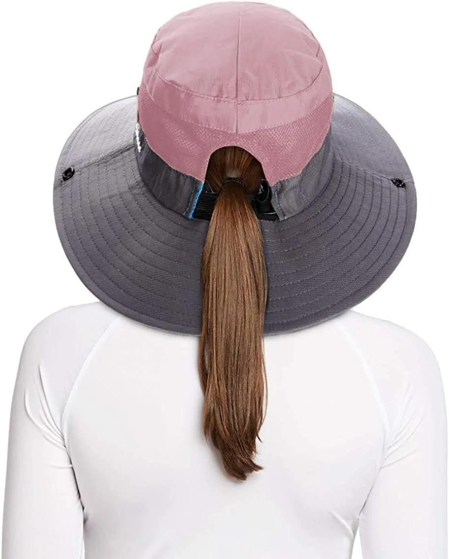 Ponytail Sun Bucket Hats for Women UV Protection Foldable Mesh Wide Brim Hiking Beach Fishing Summer Safari image 2
