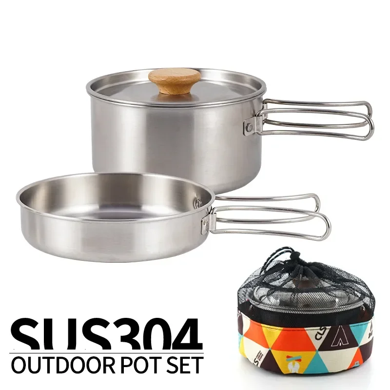 Camping Pot Set 304 Stainless Steel Outdoor Cookware Kit Cooking Set Travel Tableware Tourism Hiking Picnic Equipment 2pcs Set