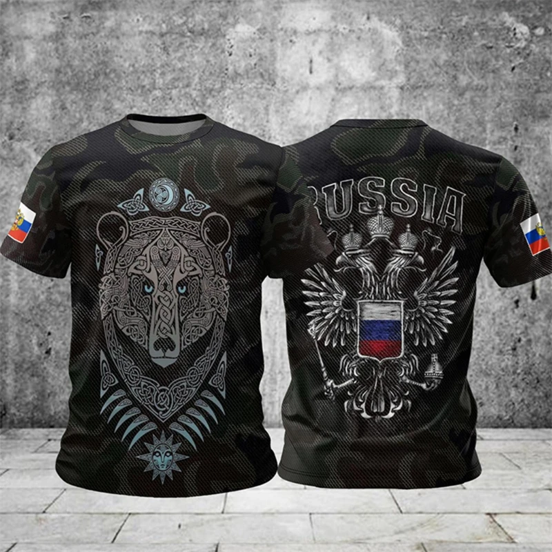 Russian Flag Emblem T-shirt Men\'s Clothing Short Sleeves O-neck Loose T Shirts 3D Printed Animal Bear Streetwear Trendy Tees Top