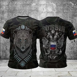 Russian Flag Emblem T-shirt Men's Clothing Short Sleeves O-neck Loose T Shirts 3D Printed Animal Bear Streetwear Trendy Tees Top