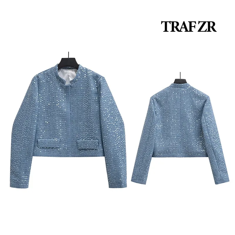 

TRAF ZR Cropped Coat with Sequins and False Pockets Stand Collar Jackets High Street Outerwears Casual Crop Top for Women