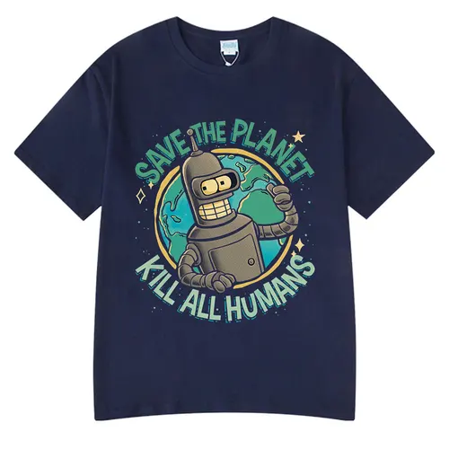 Imagen 2 del producto Camiseta divertida con estampado gráfico de Robot Save The Planet Kill All Humans, camiseta de manga corta a la moda para hombre y mujer, camisetas de algodón de gran tamaño
