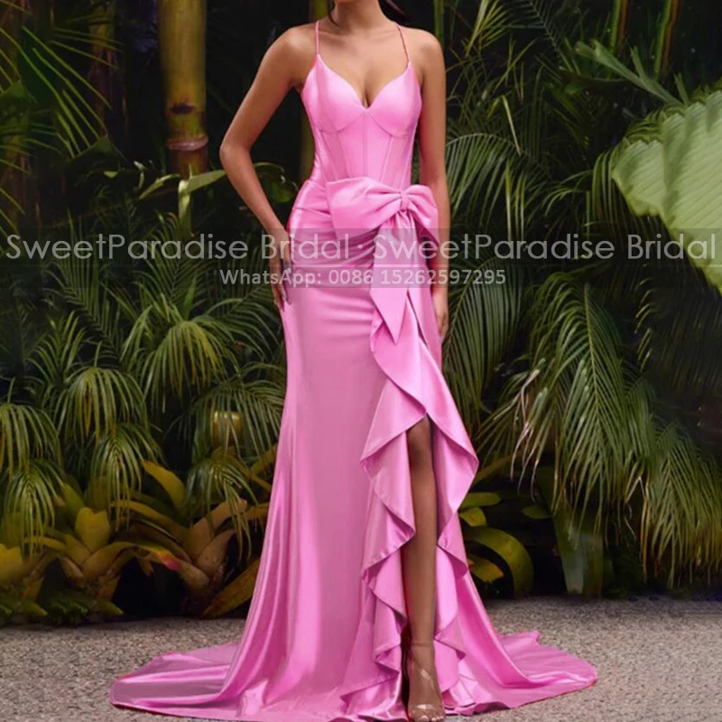 

Customized Trumpet Evening Dress Spaghetti Straps Long Mermaid Bows Ruffles Side Slit Dark Pink Party Dresses For Women
