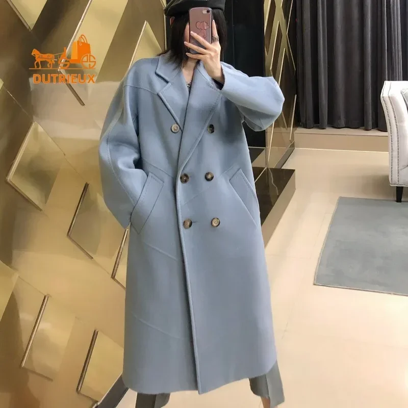 24 New Top Quality Women Cashmere Coat, Fashion Designer Luxury Double-Sided Water Ripple 100% Cashmere Wool Women\'s Coat Jacket