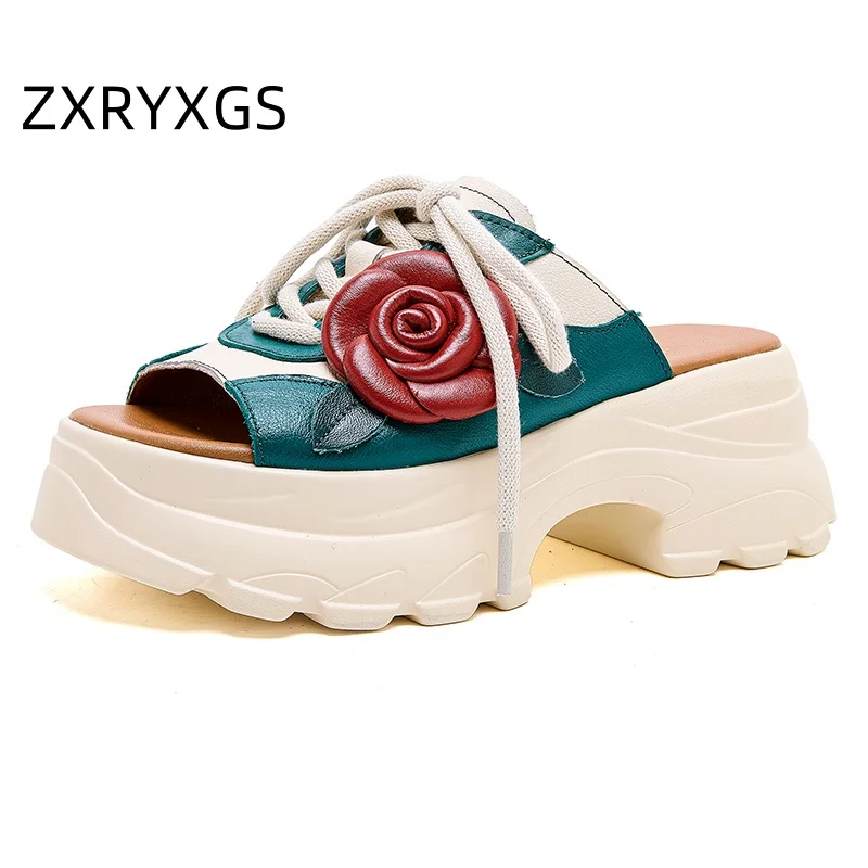 ZXRYXGS Top Layer Cowhide Spell Color Flowers Shoes Woman Fashion Slippers 2025 Summer Women Slippers Platform High Heel Sandals