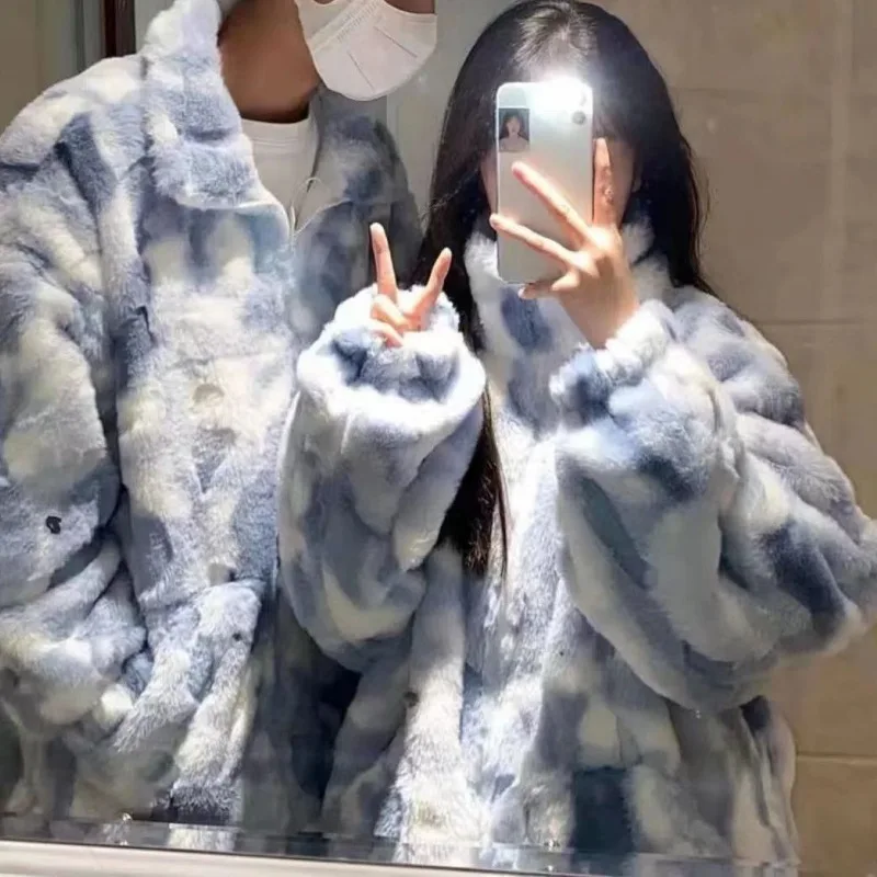 Tie Dye Lamb Wool Coat for Women New Loose Fit Student Thick and Plush Zipper Stand Up Collar Top
