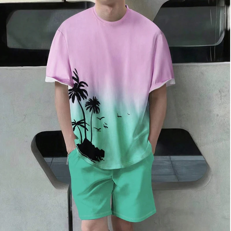 

Summer 3D printed short-sleeved T-shirt and shorts set in gradient color with coconut tree pattern for men's casual sportswear