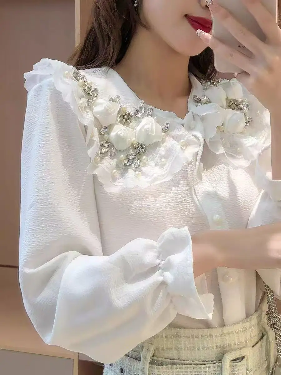 New In Autumn 2024 Beaded Diamonds 3D Flowers Stitch White Chiffon Blouses Shirts Women\'s Long Sleeve Shirt Top Blusas