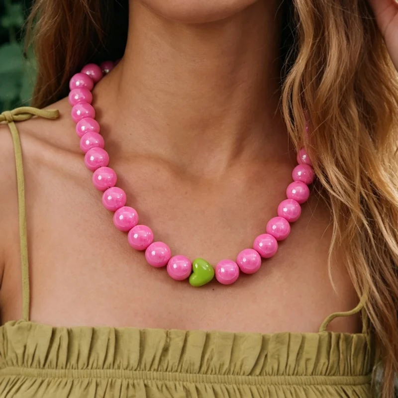 Dopamine Y2K-Style Iridescent Pink Beads, Green Hearts, Drawstring, Freshwater Pearls—Sweet & Edgy Women's Necklace
