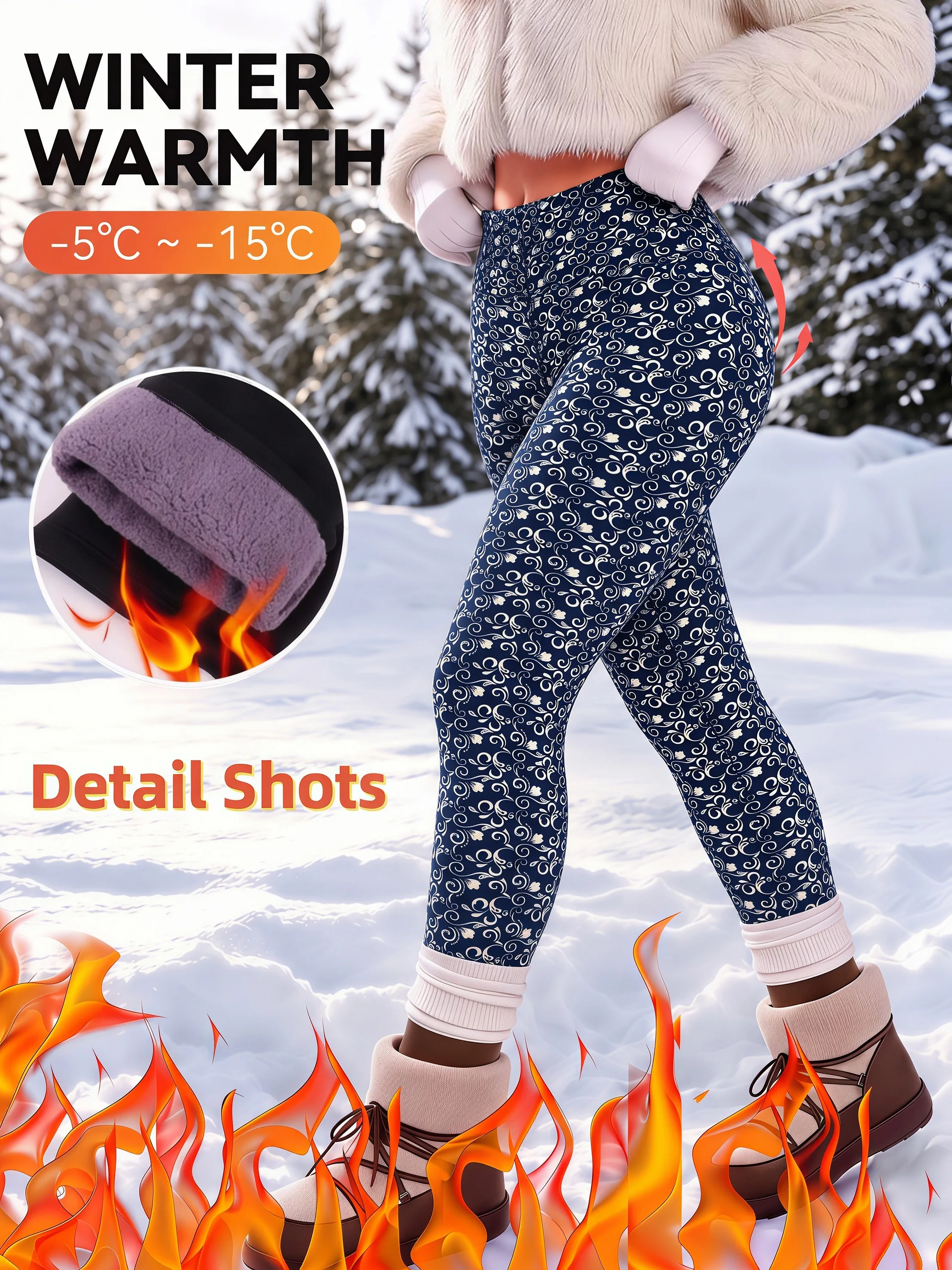 Women Vintage Scroll Floral Print High Waist Fleece Lined Leggings Thick Coral Fleece Heat Lock Thermal Pants for Autumn Winter