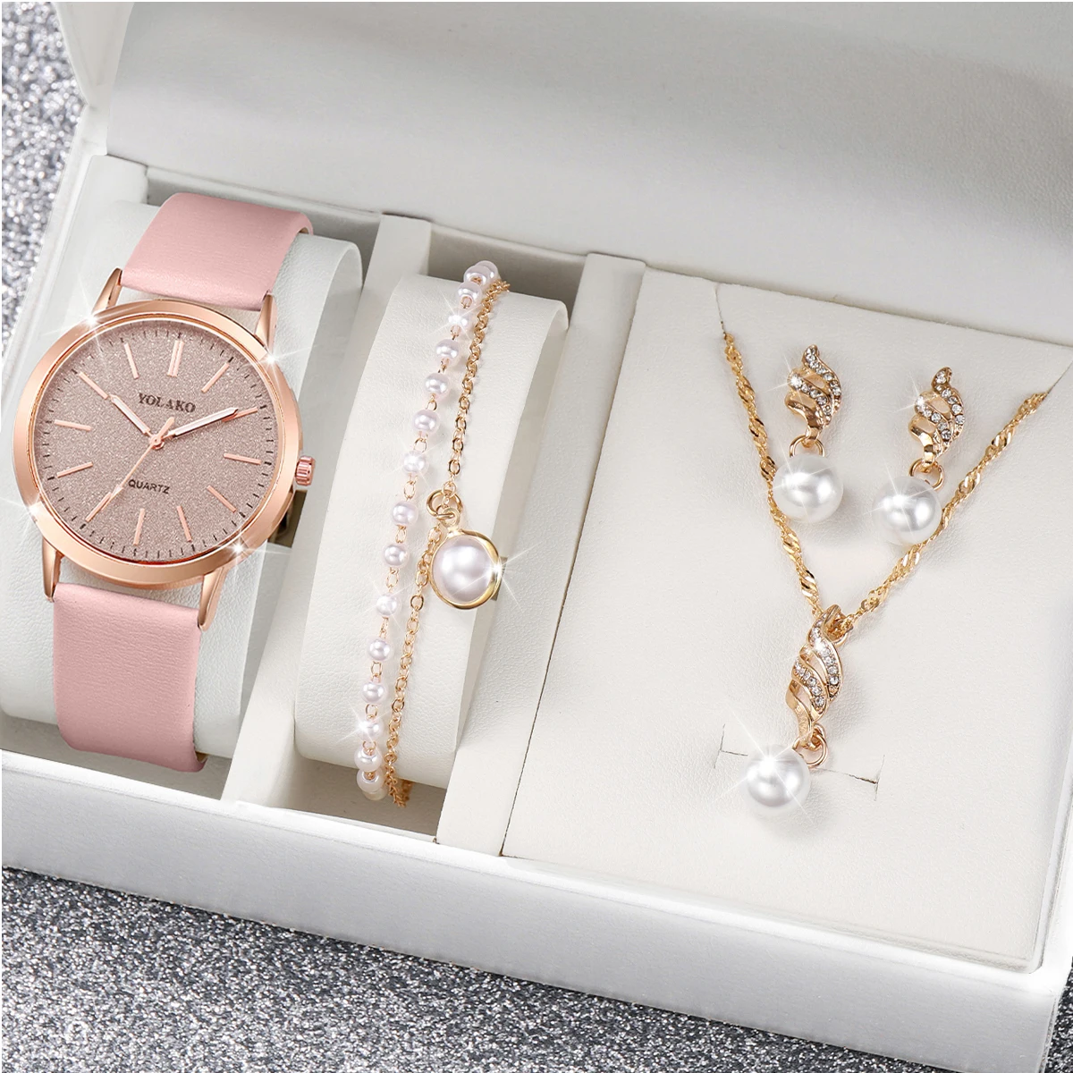 4PCS/Set Fashion Starry Sky Dial Women Watches Casual Leather Band Quartz Wrist Watch Pearls Jewelry Set（Without Box）