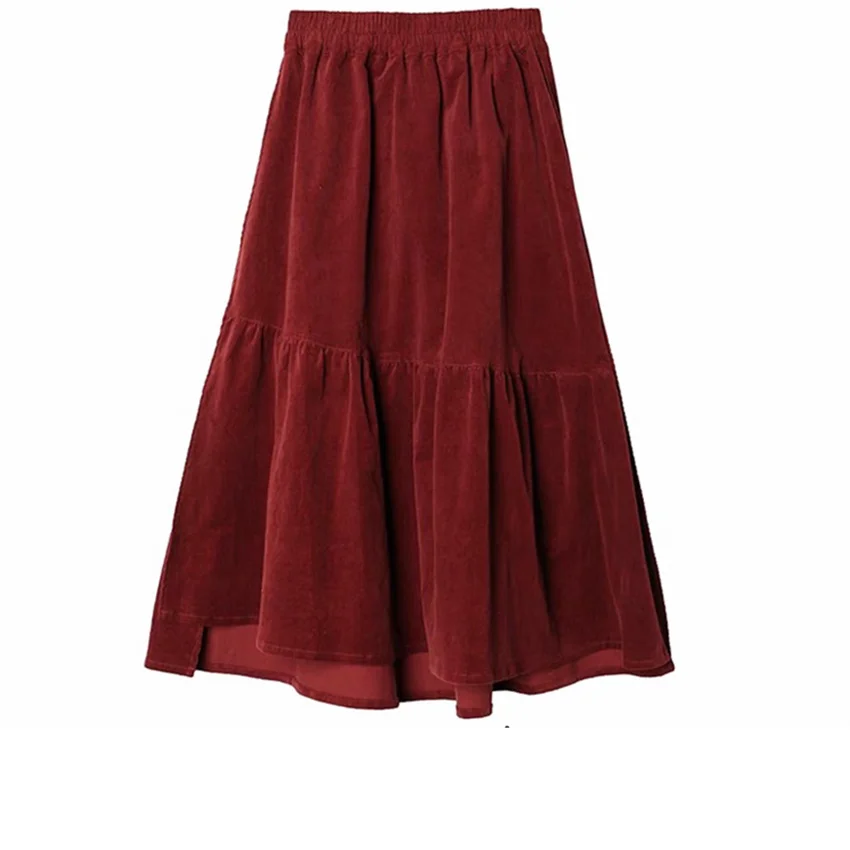 

Gowyimmes 2025 New Spring Autumn Women Corduroy Skirt Elegant Lady High Waist Skirts Slim Midi Long Wine Red Skirt Retro PD1759