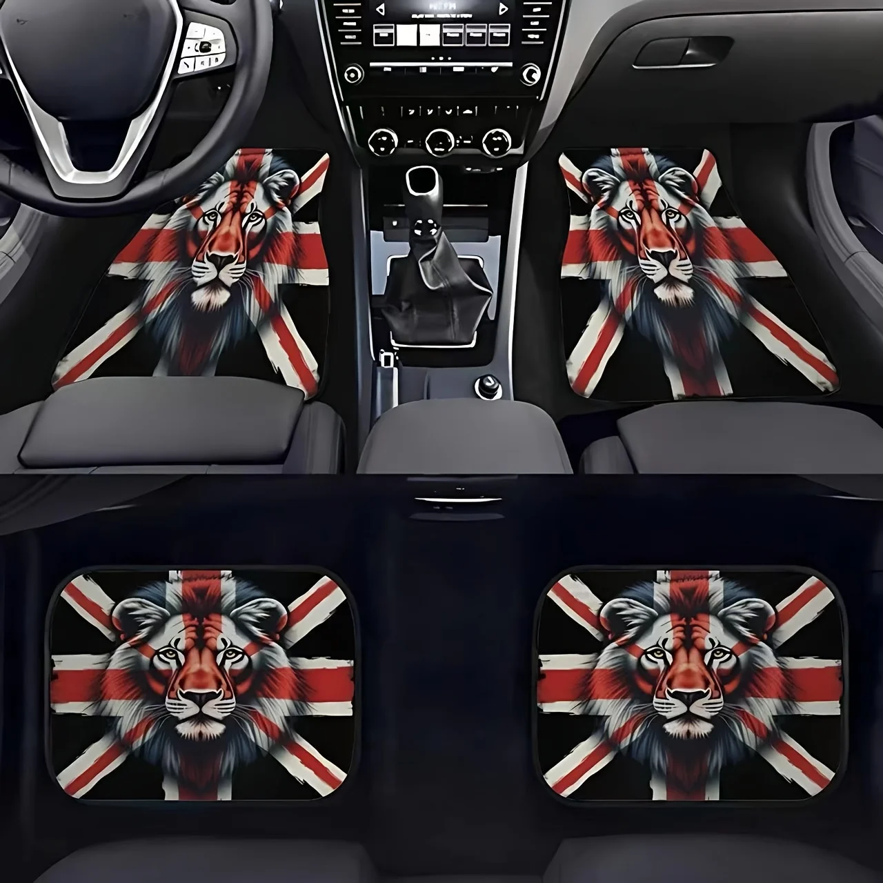 (Car Floor Mats). 4pcs Set Of Car Mats Featuring The British Flag And Lion Design - Patriotic Red, White, And Blue Union Jack In