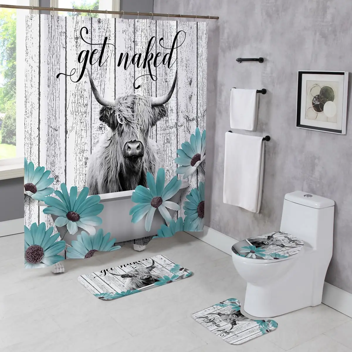 

4 шт. Наборы занавесок для душа в фермерском доме с коровьими коврами, деревянный набор для ванной комнаты, деревенский бирюзовый цветок, домашняя ванна, декор для ванной комнаты 7