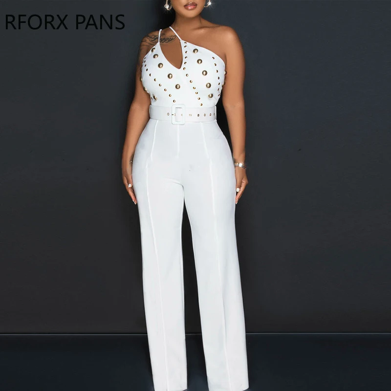 

Women Solid Elegant One Shoulder Spaghetti Straps Rivet with Belts Working Jumpsuit