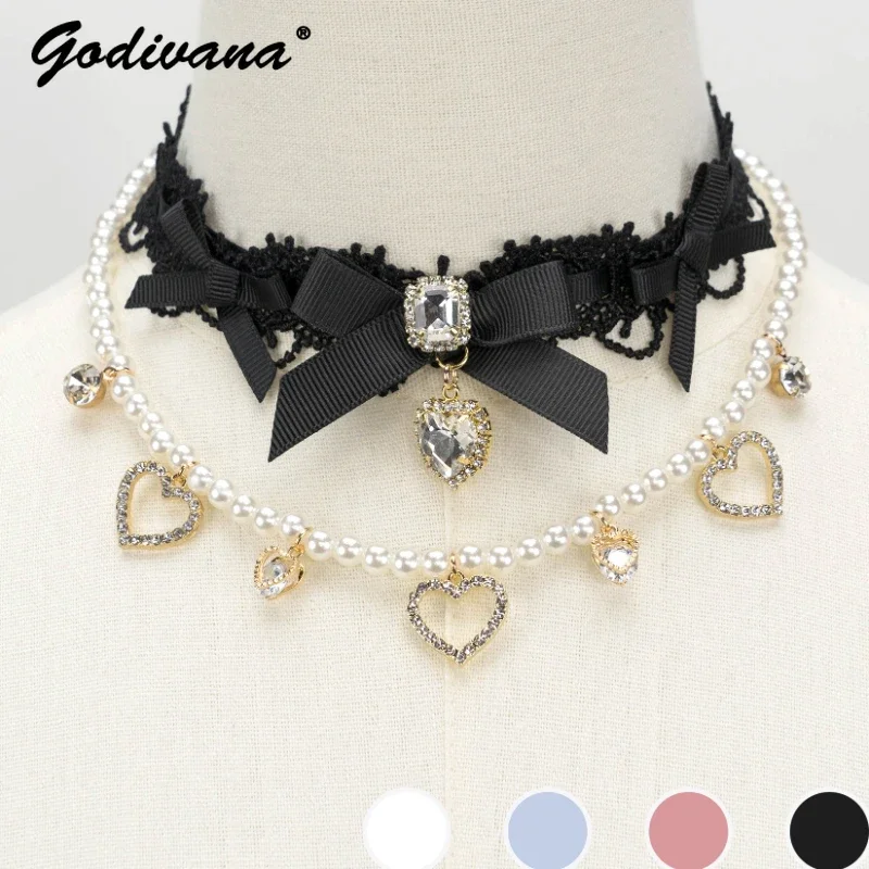

Mine Series Mass-Produced Love Rhinestone Choker Women's Y2K Double-Layer Pearl Collar Lolita Sweet Girl Necklace Clavicle Chain