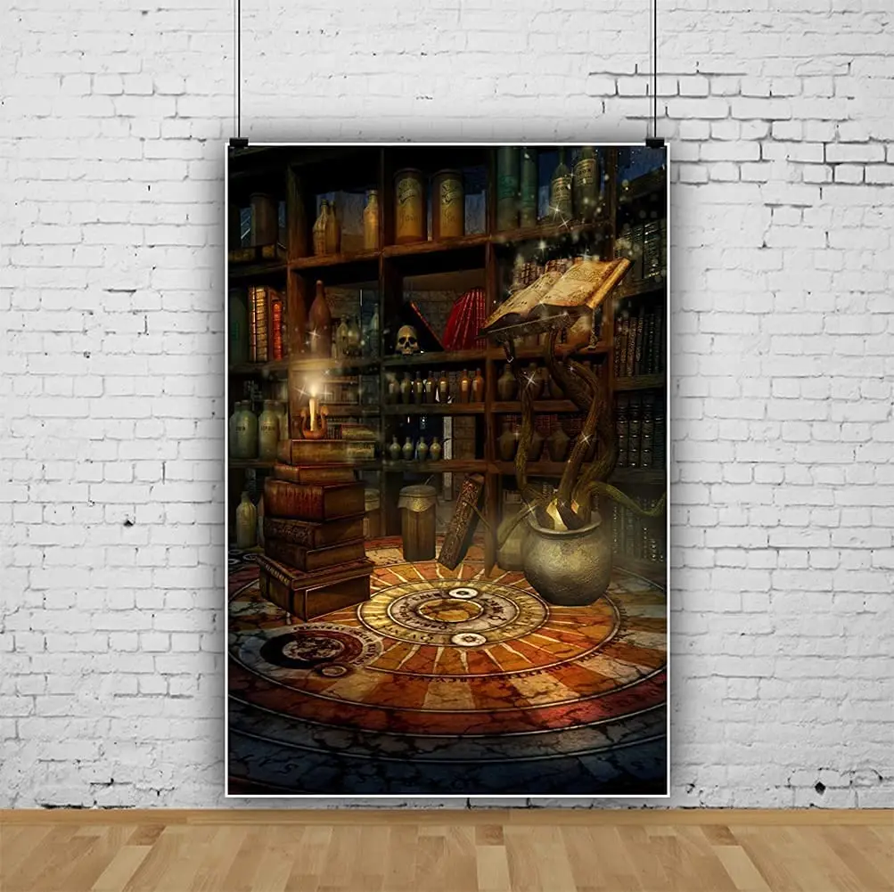 Photography Backdrop Magic Room Magical Potion Skull Medieval Wizard Candle Bookshelf Retro Books Halloween Photo Background