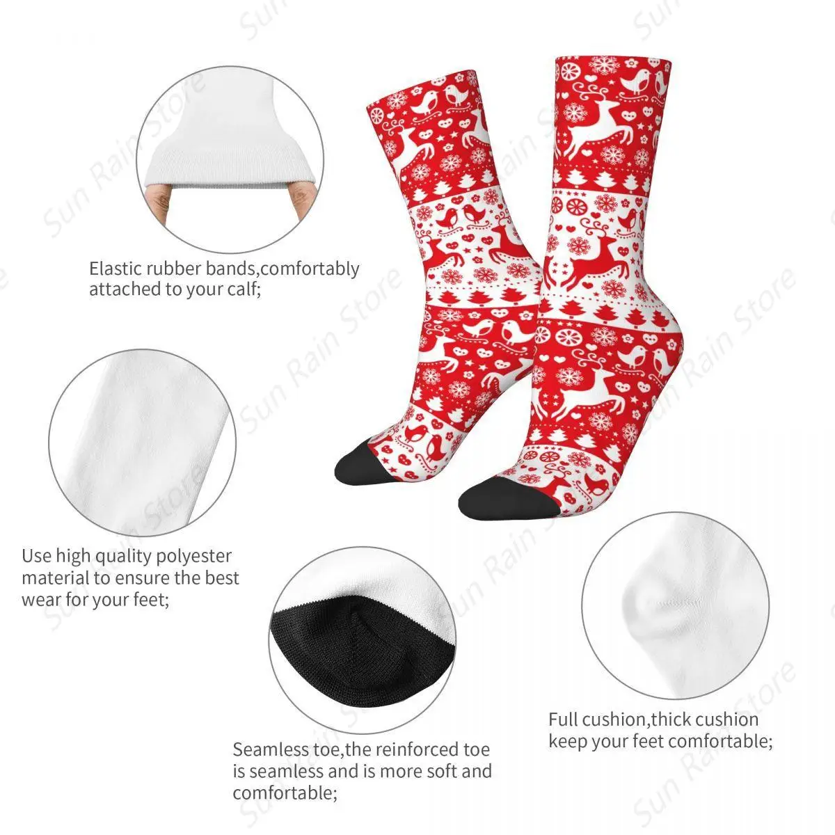 Retro Red Merry Christmas Reindeer Basketball Socks New Year Ugly Sweater Pattern Polyester Crew Socks for Women Men