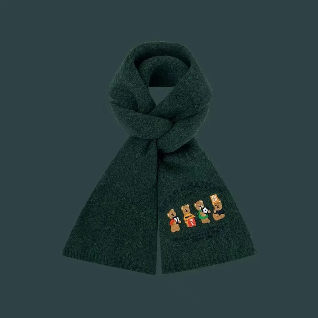 Women\'s Cozy Containing Wool Bear Embroidery Wool Scarf New Women\'s Winter Premium Feeling Warm Knitted College Style Scarf Lady