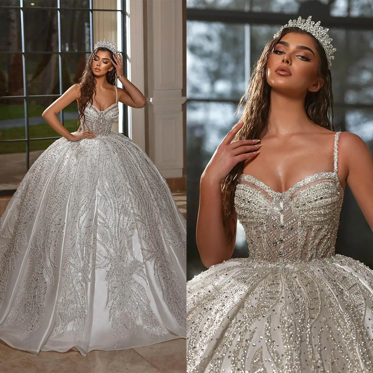 Romantic Ball Gown Wedding Dresses Beads Pearls Shining Sequins Organza Backless Court Gown Bridal Customized Robe De Mariée