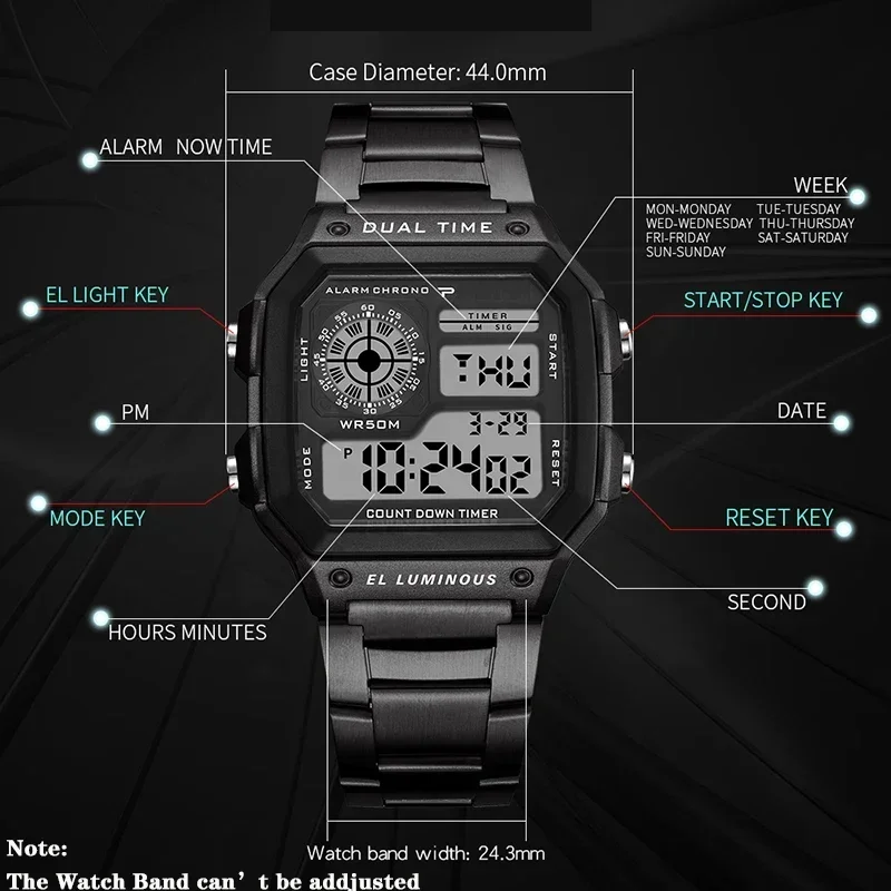 Top Luxury Stainless Steel Strap Sport Watches Simple Mens Back Light Digital Wristwatch Male Alarm
