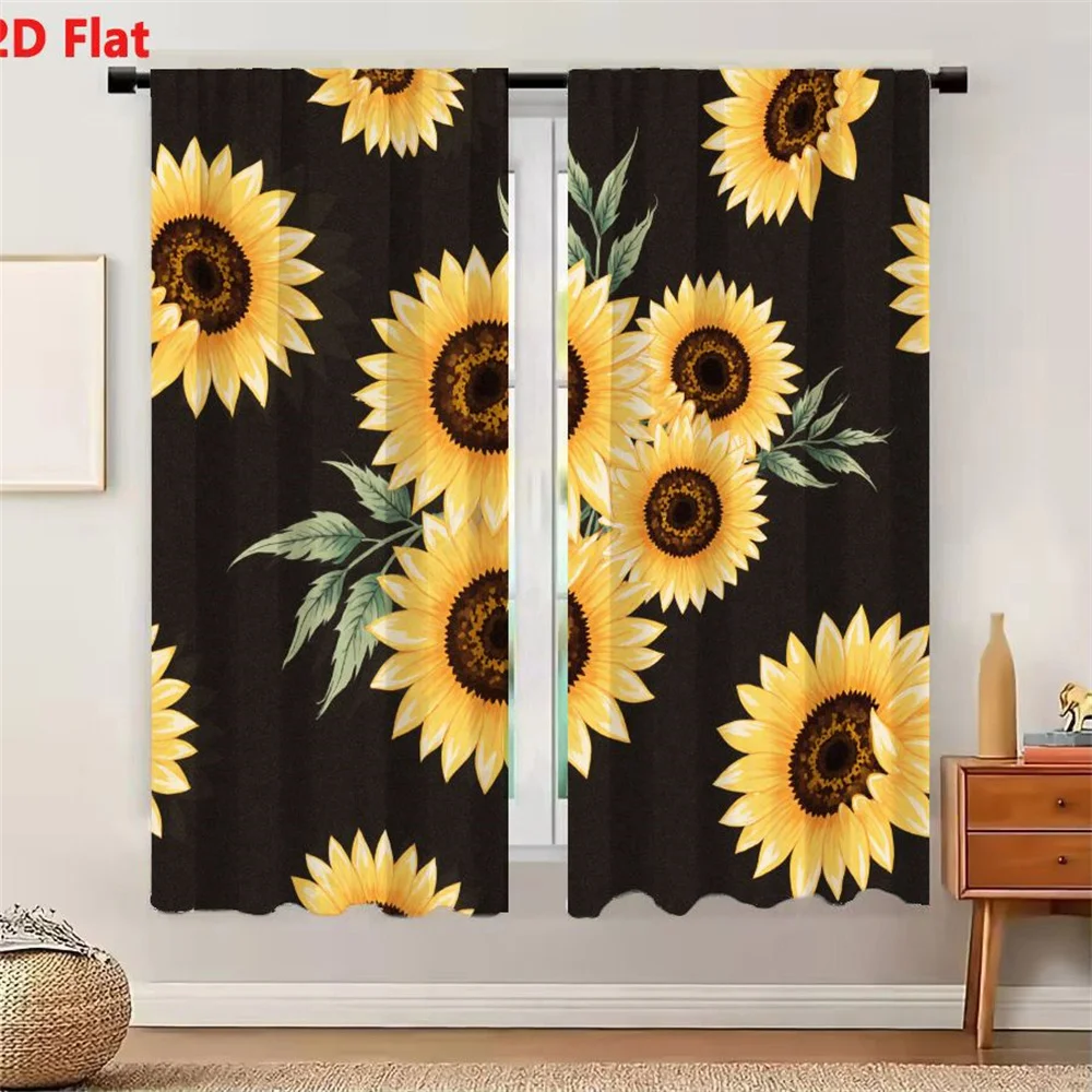 2Pcs Curtains 2D Flat Sunflower Pattern On Dark Background With Bright Yellow Petals Dark Brown Center Green Leaves Floral Decor