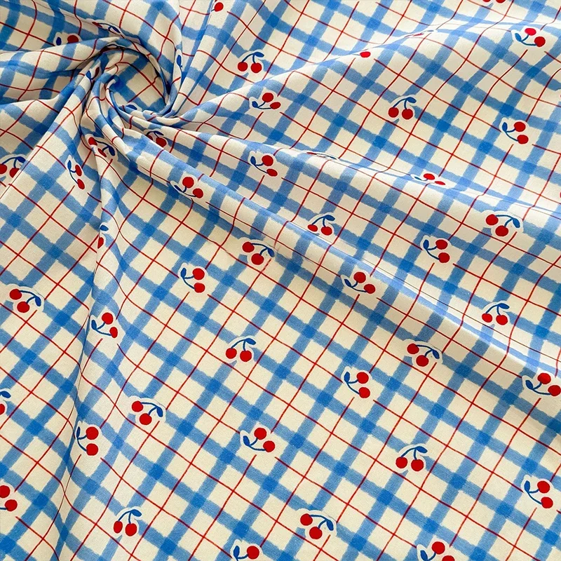 

Blue Plaid Cherry Printed Cotton Fabric DIY Children's Clothing Dress Cloth Pajamas Shirts Red Fruit Print Pure Cotton Fabric