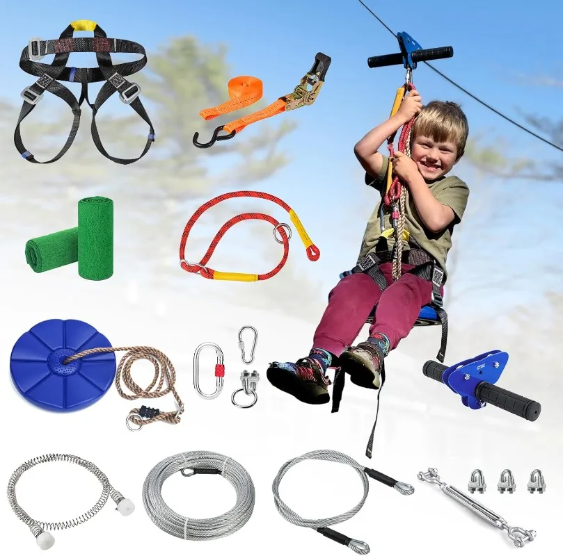 

Zipline для детей и взрослых на заднем дворе, комплект Zipline с пружинным тормозом из нержавеющей стали, комплект натяжения троса, ремень безопасности, 2 Tre