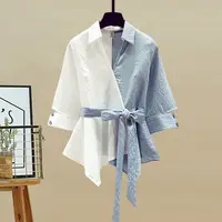 2025 Summer New Stitched Chiffon Shirt Female Set Elegant Women's Jeans Casual Blouse Two Piece Set Ladies Tracksuits - Image 2