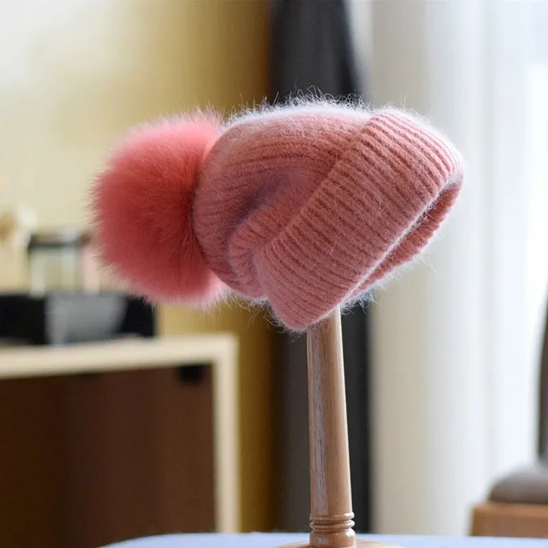 Winter Women's Real Fox Fur Pom-Pom Knitted Beanie Cap with Rabbit Fur Trim and Cashmere Touch