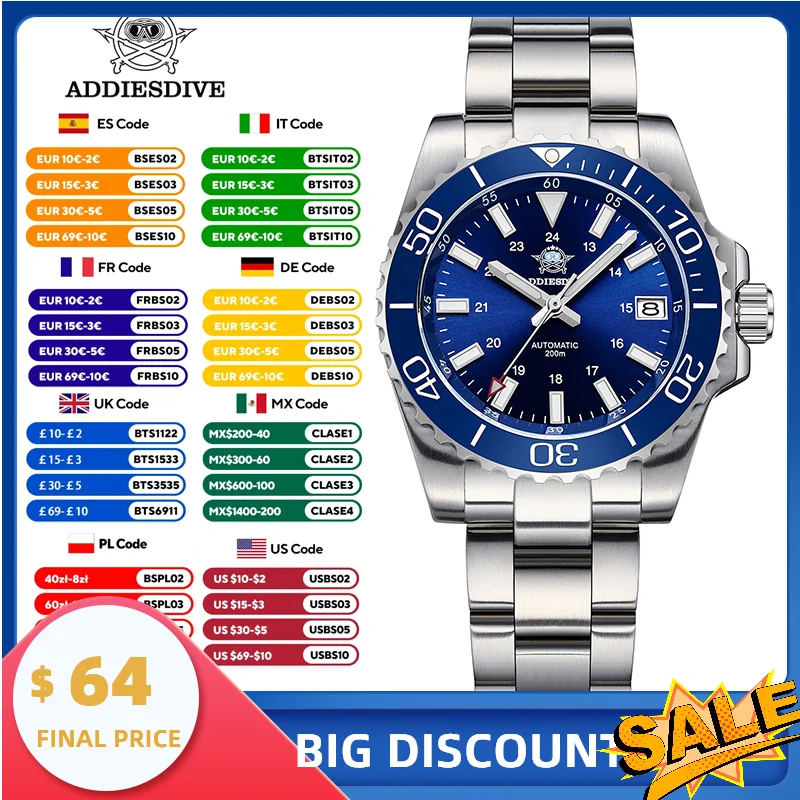 

ADDIESDIVE Men's Watch New Japan 8215 Automatic Mechanical Watch Sapphire Stainless BGW9 Luminous 200m Waterproof Diver's Watch