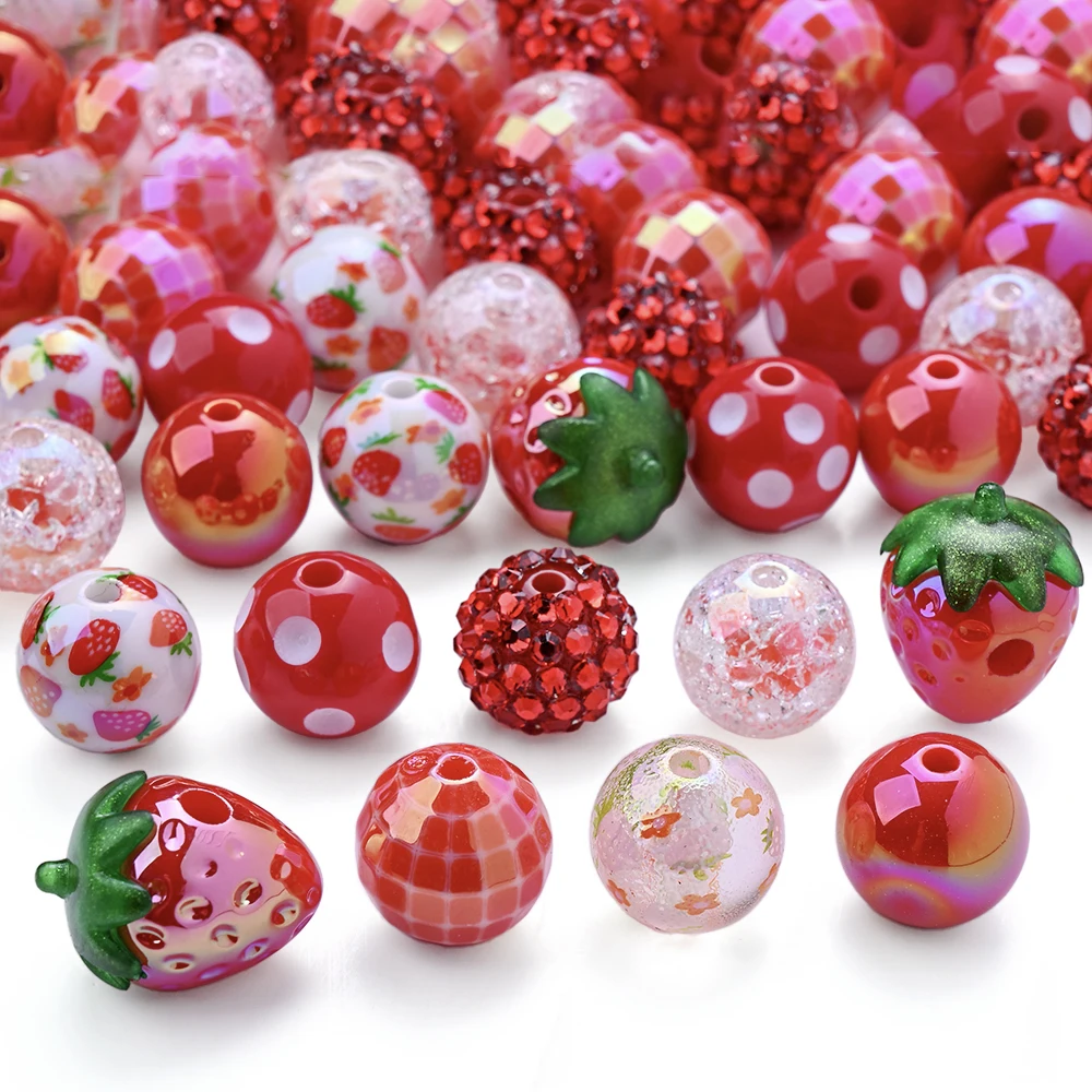20Pcs Fixed Pack Strawberry Series Mixed Resin Acrylic Beads 16mm Round Spacer Beads DIY Bracelet Keychain Jewelry Making Supply