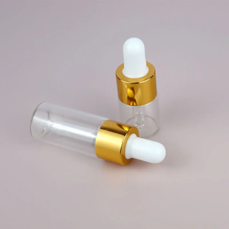 50pcs Glass Dropper Bottle Empty Transparent Gold Cap Perfume Pipette Essential Oil Aromatherapy small samples Bottles 1/2/3/5ml