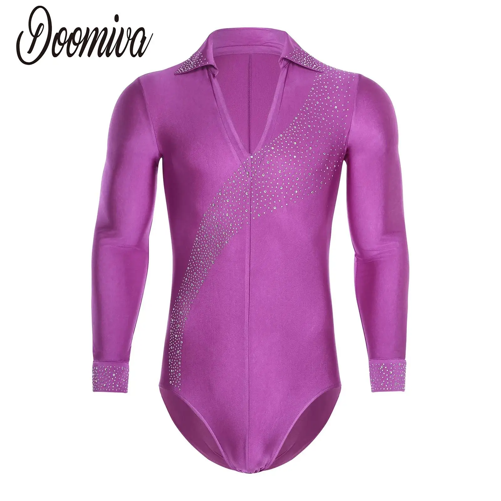 

Men Sparkle Rhinestones Gymnastics Rhythmic Unitard Latin Ballroom Chacha Dance Leotard Bodysuits Dancewear Performance Costumes