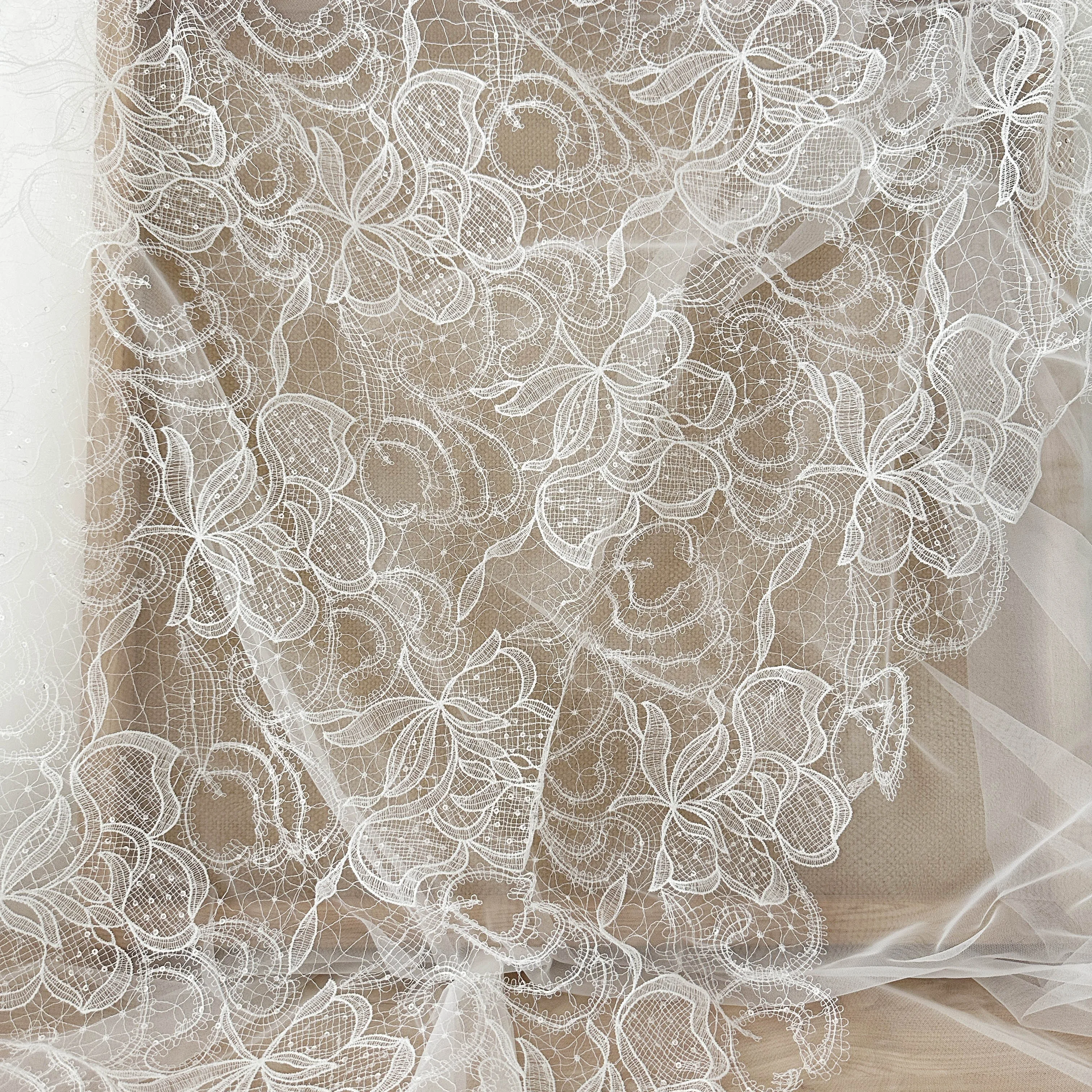 1 Yard Ivory Exquisite Alencon Lace Fabric with Sequins Crochet Floral Embroidery Fabric for Wedding Gown, Lace Caps