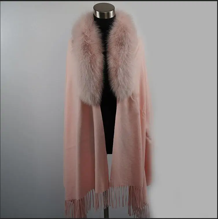 Long Style Winter 100% Wool Scarf with Genuine Fox Fur Trim Collar Women Fluffy Shawl Wraps