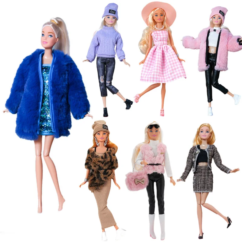 1Set Voor Barbie Pop Kleding Outfit Jurk Mode Wollen Sweatshirt Jas Hoed Broek Katoenen Poppen Accessoires Voor Meisjes Speelgoed Geschenken
