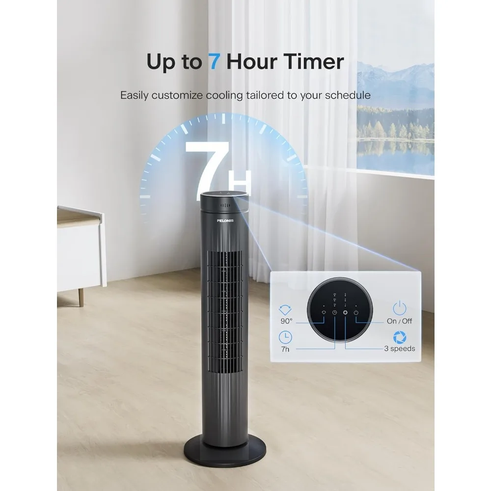 مروحة برجية متأرجحة مقاس 30 بوصة لغرفة النوم - 3 سرعات، مروحة برجية هادئة 37 ديسيبل مع جهاز تحكم عن بعد ومؤقت 7 ساعات، أسود