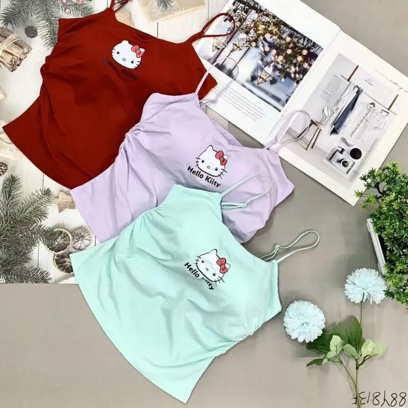 Sanrio Hello Kitty Canotta Y2K Canotte Ragazze Moda estiva Senza maniche Hot Girls Pettorina Design pieghettato Bottoming Look sottile