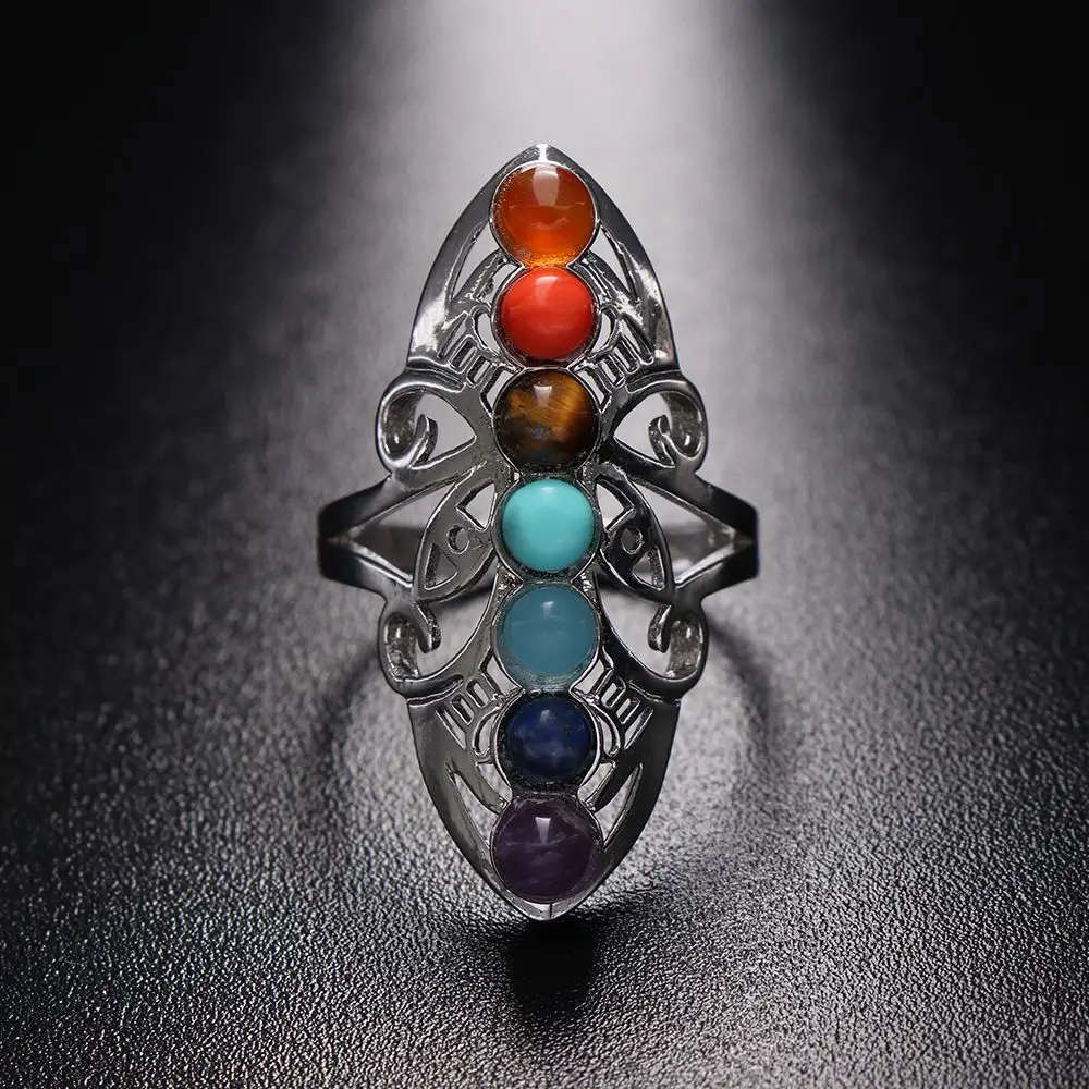 7 Chakra Stone Bead Finger Rings Silver Plated Hollow Flower Adjustable Ring Reiki Balance Meditation Healing Gem Ring Jewelry