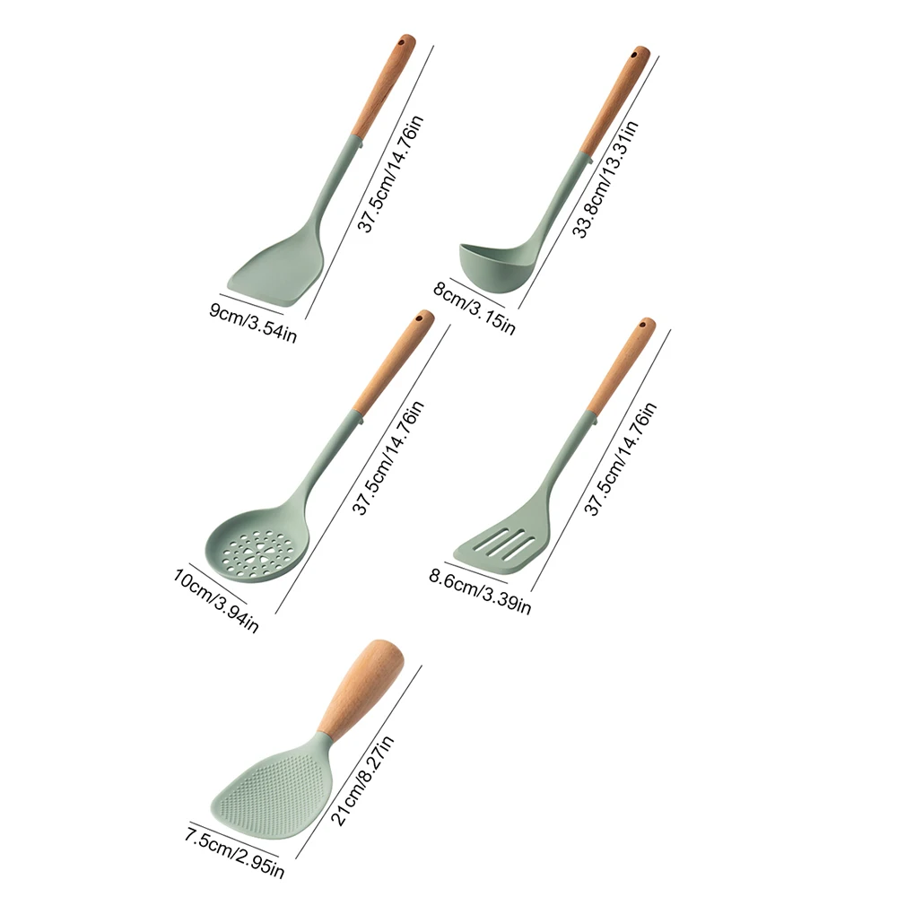 5Pcs Silicone Kitchen Utensils Set Wooden Handle Non-stick Spatula Cookware Set Fried Shovel Leaky Spoon Rice Spoon Kitchen Tool