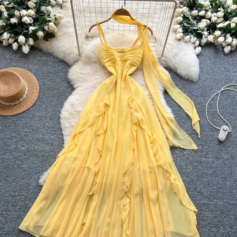 Sommer Sexy Langes Kleid Frauen Vintage Band Taille Unregelmäßigen Chiffon Strand Kleider Damen A-line Schlank Boho Lange Robe Vestidos