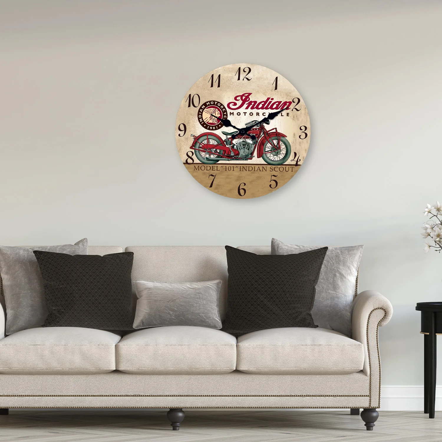 Personalized Judian Indian Motorcycle Wooden Wall Clock Living Room Bedroom Kitchen Home Decoration Wall Clock Silent Quartz Clock Holiday Gift