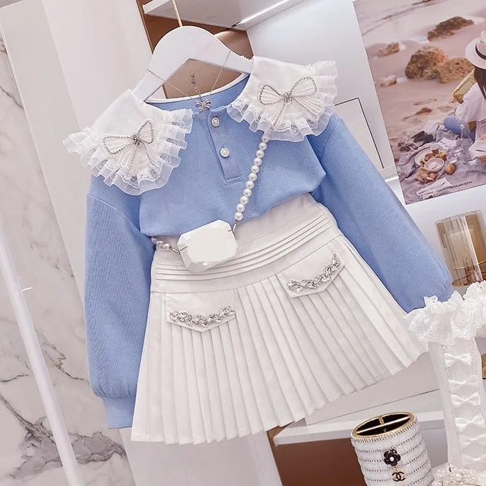 Spring Autumn Children Girl 2PCS Clothes Set Lace Collar Patchwork Diamond Bow Sweatshirt+pleated Skirt 2-12Y Girls Elegant Suit