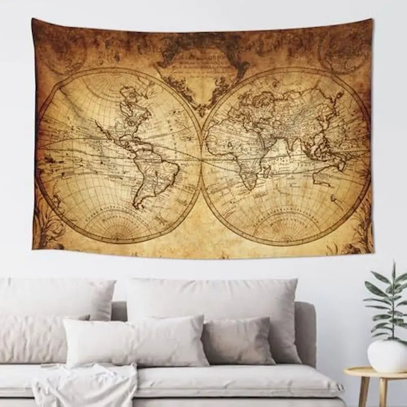 VIKAMA Vintage World Map Blue Tapestry Wall Hanging, 6 Designs, Wall Decor for Bedroom Living Room Dorm