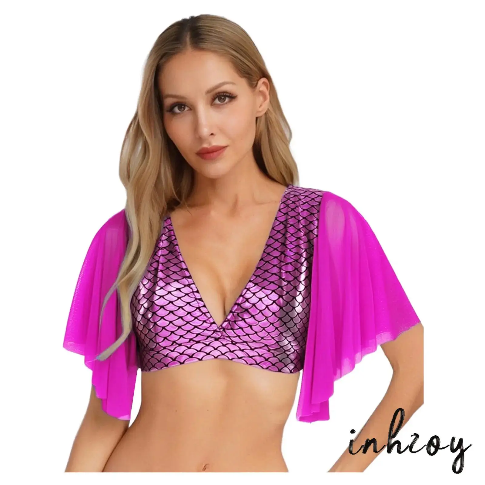 

Sexy Womens Mesh Mermaid Top V Neck Short Sleeve Fishscale Print Cropped Tee Shirt Summer Themed Party Water Park Beach Outfit