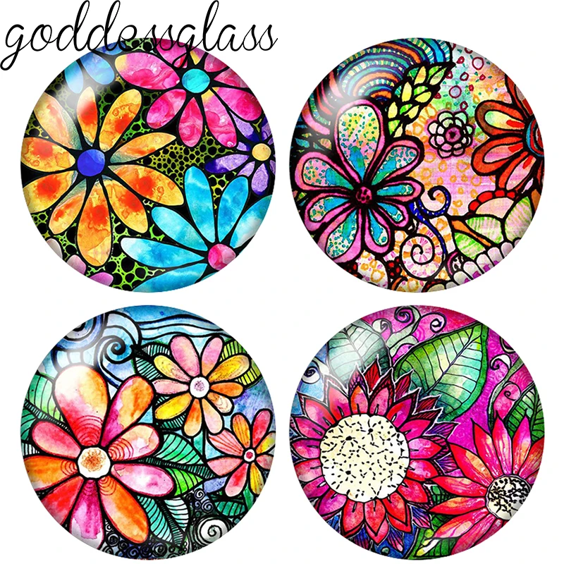 Colorful Drawing Flowers artistic Patterns 10pcs 12mm/18mm/20mm/25mm Round photo demo glass cabochon flat back Making fittings