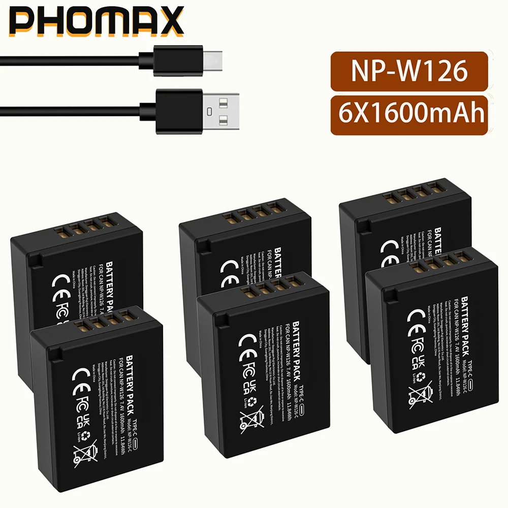 

PHOMAX 1600mAh NP-W126 NP W126 NP-W126S W126S Battery + Type-C Cable for Fuji X-Pro1 XPro1 X-T1 XT1,HS30EXR HS33EXR X PRO1