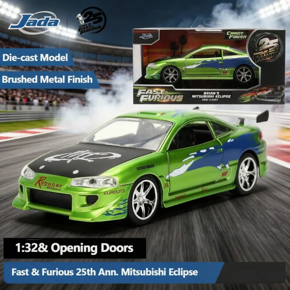 JADA 1:32 Fast & Furious 25th Anniversary, Modelo de Auto de Metal Fundido a Presión del Mitsubishi Eclipse 2G de Brian, Color Verde Caramelo, JD36959, En Stock