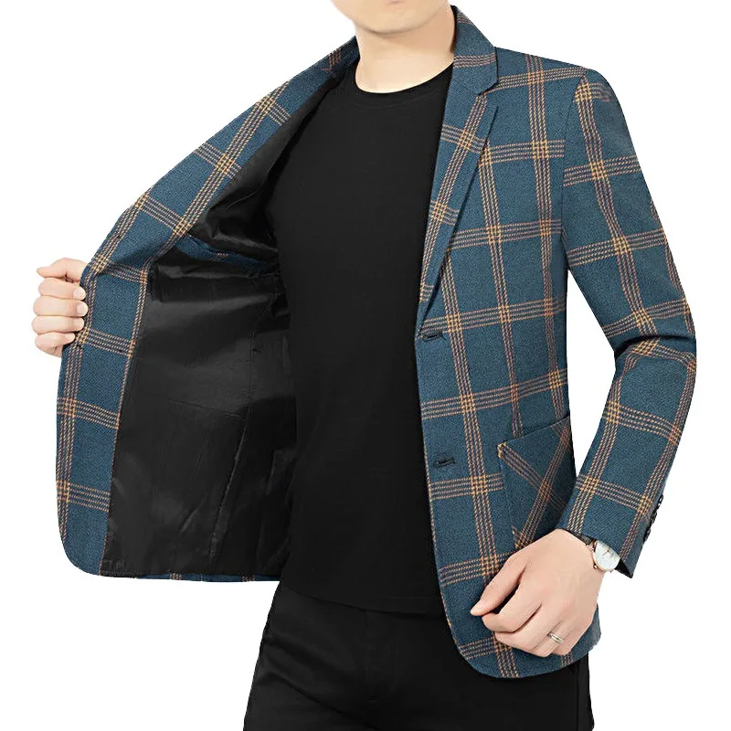 High-quality men's checked wool coat suit jacket - New Korean-style design long coat - Men's business casual fitted coat jacket
